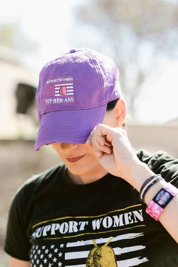 Distressed Baseball Cap "Support Women Vet-Her-Ans" with Flag and Dog Tags