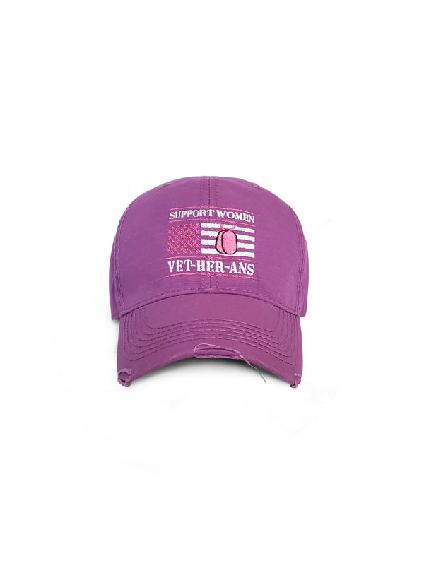 Distressed Baseball Cap "Support Women Vet-Her-Ans" with Flag and Dog Tags